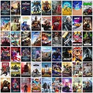 May include: A collection of video game covers featuring various titles. The selection includes action, adventure, and racing games, with titles like "Spider-Man," "Fortnite," and "Grand Theft Auto." The covers display vibrant graphics and character illustrations.