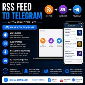 Feed RSS para bot de Telegram / Plantilla de automatización de Make.com / Alertas de blog y noticias / Notificaciones de Telegram / Descarga digital