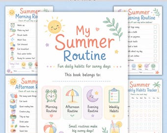 Simpatica lista di controllo per la routine estiva dei bambini, diario mattutino/pomeridiano/serale, divertente tracker settimanale delle abitudini, pianificatore delle faccende quotidiane, download digitale