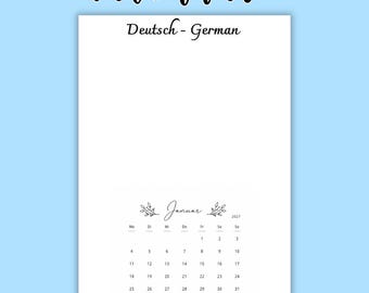 Calendario floreale 2027 in tedesco PDF, calendario mensile tedesco stampabile in formato A3, A4 e A5, agenda murale botanica minimalista, inizio lunedì, download digitale