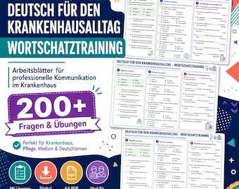 Fogli di lavoro PDF di tedesco medico / Deutsch für Pflegekräfte / Oltre 200 esercizi di vocabolario ospedaliero / Infermieri lavoratori stranieri stampabili