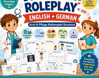 Pacchetto stampabile per giochi di ruolo Dottore e Infermiera / Gioco di ruolo bilingue inglese-tedesco / Giochi di ruolo per bambini / Età 3-8