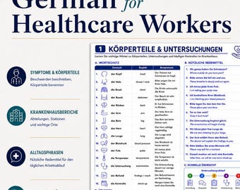 Quaderno di esercizi di vocabolario medico tedesco / PDF di tedesco ospedaliero per infermieri stranieri in Germania / Guida linguistica per infermieri e medici / Download immediato