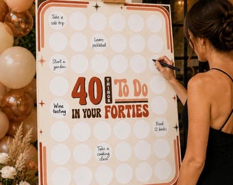 Modello di design retrò "40 cose da fare nei tuoi quarant'anni", lista dei desideri di compleanno stampabile per il 40° compleanno, festa di compleanno unica, cartello interattivo personalizzato