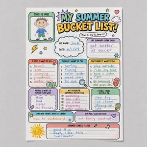 A printable activity page for kids featuring a cloud-shaped box labeled "People I Want to Spend Time With," a star-rated list called "My Favorite Summer Activities," and a treat-yourself section with an ice cream cone illustration. The soft pastel colors and hand-drawn doodles make this summer worksheet inviting and easy for young children to complete. It encourages kids to reflect on relationships, favorite hobbies, and small summer rewards.
