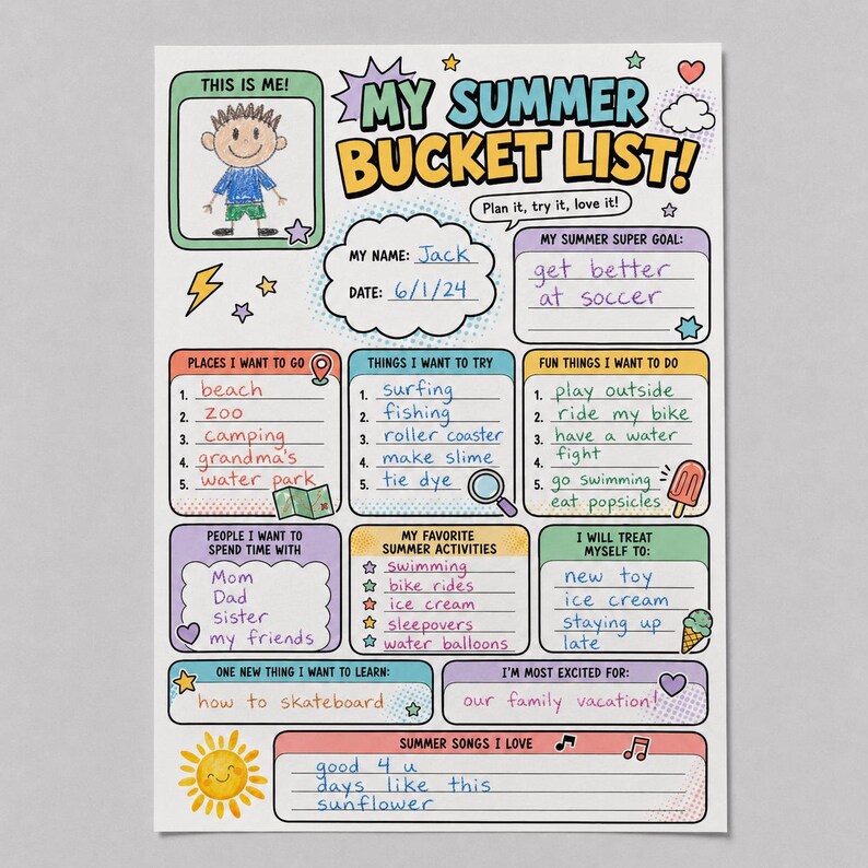 A printable activity page for kids featuring a cloud-shaped box labeled "People I Want to Spend Time With," a star-rated list called "My Favorite Summer Activities," and a treat-yourself section with an ice cream cone illustration. The soft pastel colors and hand-drawn doodles make this summer worksheet inviting and easy for young children to complete. It encourages kids to reflect on relationships, favorite hobbies, and small summer rewards.