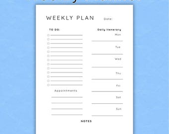 Agenda settimanale semplice stampabile / Piano settimanale minimalista in PDF / Lista delle cose da fare, itinerario giornaliero, appuntamenti, note / Formato lettera A4 A5, download immediato