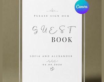 Cartello minimalista per il nostro libro degli ospiti, modello Canva modificabile, elegante libro degli ospiti stampabile per matrimoni ed anniversari, download immediato