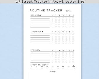Tracker settimanale minimalista delle abitudini, tracker semplice per la routine, diario delle attività, agenda giornaliera, formato A4 e A5, PDF stampabile e scaricabile.