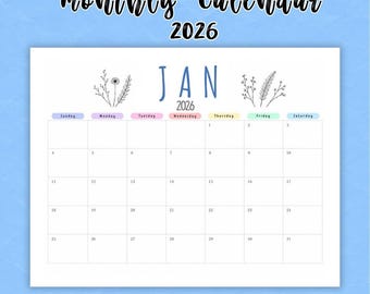 Calendario floreale mensile 2026 stampabile / Calendario da parete/scrivania gennaio-dicembre / Agenda boho con fiori selvatici / Formato A4 e Letter / Download immediato in PDF