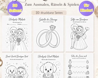 Libro di attività per bambini a tema matrimonio / Libro di matrimonio stampabile / Hochzeitsheft Kinder / Puzzle da colorare / Damigella d'onore/Portatore degli anelli / Download immediato