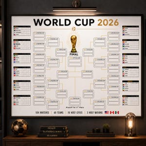 Poster WK 2026 met beugel, A3 A4 | Afdrukbare muurkaart | Voetbal Voetbaltoernooi-tracker | Programma WK 2026 | Direct downloaden