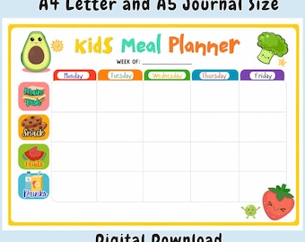Pianificatore settimanale dei pasti per bambini, diario alimentare scolastico colorato, stampabile in formato A4 e A5 orizzontale, modello di portapranzo giocoso con cartoni animati, tracker degli spuntini in PDF