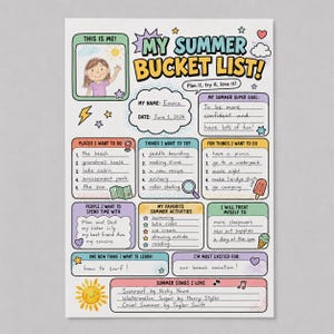 A summer-themed printable strip with two side-by-side boxes titled "One New Thing I Want to Learn" and "I'm Most Excited For," decorated with small stars and a heart icon. This section of the kids summer bucket list encourages goal-setting and builds anticipation for the season ahead. The clean lined layout makes it simple for children of all ages to write their answers.