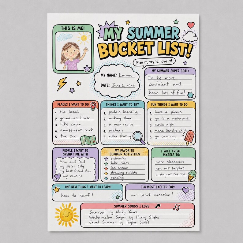 A summer-themed printable strip with two side-by-side boxes titled "One New Thing I Want to Learn" and "I'm Most Excited For," decorated with small stars and a heart icon. This section of the kids summer bucket list encourages goal-setting and builds anticipation for the season ahead. The clean lined layout makes it simple for children of all ages to write their answers.