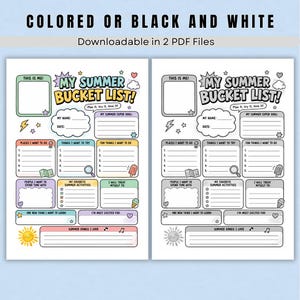 A kids' summer planner printable showing three numbered list sections titled "Places I Want to Go," "Things I Want to Try," and "Fun Things I Want to Do," each with five blank lines for writing. Playful icons like a map, magnifying glass, and popsicle decorate each colorful header. This section helps children brainstorm and organize their summer adventures in a fun, hands-on way.