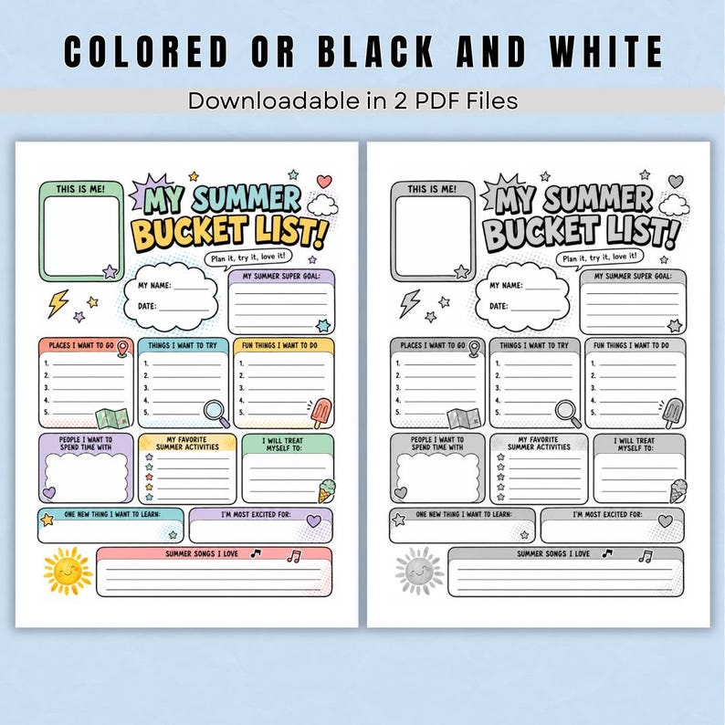 A kids' summer planner printable showing three numbered list sections titled "Places I Want to Go," "Things I Want to Try," and "Fun Things I Want to Do," each with five blank lines for writing. Playful icons like a map, magnifying glass, and popsicle decorate each colorful header. This section helps children brainstorm and organize their summer adventures in a fun, hands-on way.