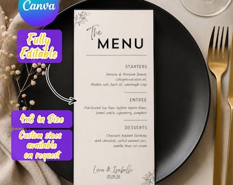 Elegante tarjeta de menú de boda minimalista con tarjeta de agradecimiento, plantilla de menú de cena editable, edición con Canva, menú de mesa moderno imprimible.