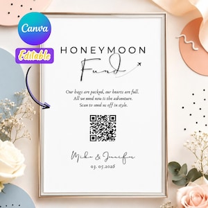 Honeymoon Fund Schild mit QR Code | Hochzeit Geldgeschenk Zeichen | Personalisierte Paare Namen | Minimalistische Hochzeitsdeko | Sofort-Download: