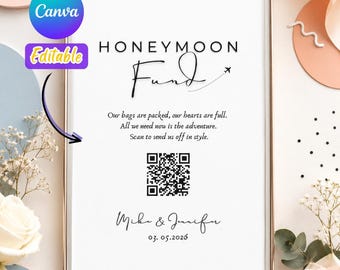 Cartello per il fondo luna di miele con codice QR / Cartello stampabile per regalo di nozze in denaro / Nomi personalizzati degli sposi / Decorazioni minimaliste per matrimoni / Download immediato