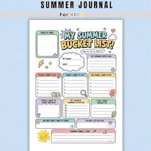 A colorful printable summer bucket list worksheet designed for kids, featuring bubble lettering that reads "My Summer Bucket List" surrounded by stars, clouds, and a smiling sun. The page includes a photo frame labeled "This Is Me," a name and date section, and a "Summer Super Goal" box for children to fill in. This printable is available in both letter and A4 size with a matching black and white version.