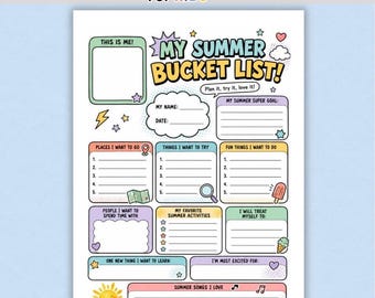 La mia lista dei desideri estivi in stile cartone animato / Foglio di lavoro per la pianificazione delle vacanze / Obiettivi estivi per bambini piccoli / Foglio di attività per bambini / Download immediato / Letter e A4