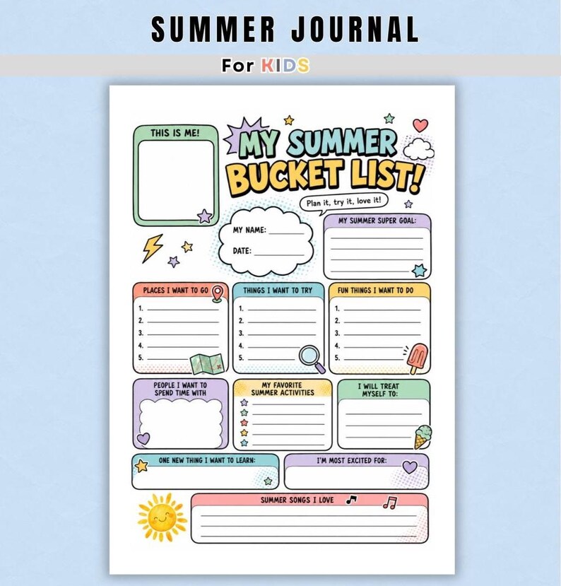 A colorful printable summer bucket list worksheet designed for kids, featuring bubble lettering that reads "My Summer Bucket List" surrounded by stars, clouds, and a smiling sun. The page includes a photo frame labeled "This Is Me," a name and date section, and a "Summer Super Goal" box for children to fill in. This printable is available in both letter and A4 size with a matching black and white version.