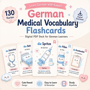 Pode incluir: Flashcards de vocabulário médico alemão com ilustrações kawaii. Os cartões apresentam palavras como "Stethoskop", "Bett" e "Spritze". O design inclui uma opção de download digital.