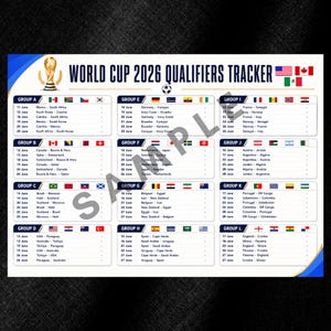 Könnte beinhalten: Ein World Cup 2026 Qualifiers Tracker mit dem Text 'WORLD CUP 2026 QUALIFIERS TRACKER', einem goldenen Pokalsymbol sowie den Flaggen der USA, Kanadas und Mexikos. Das Raster zeigt die Spielpläne für die Gruppen A bis L übersichtlich an.