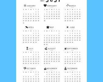 Calendario annuale minimalista 2027 stampabile / Agenda murale con panoramica annuale / Agenda pulita in bianco e nero / Download immediato in formato A4, A3, PNG e PDF /