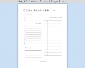 Agenda giornaliera semplice stampabile in PDF, elenco delle priorità, programma orario, diario di produttività minimalista, formato A4, A5, Letter, download immediato.