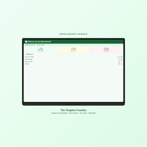 May include: A digital display showing a financial dashboard for freelancers. The screen displays budget information, including income and expenses. The text "Freelancer Finance" is at the top. The Template Foundry logo is at the bottom.