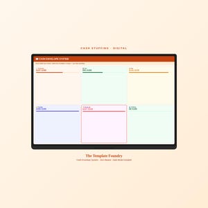 May include: A digital cash envelope system displayed on a black tablet. The interface features color-coded sections for different categories, including savings, bills, and spending. Text on the screen includes category names and financial figures. The top of the screen has the text "CASH ENVELOPE SYSTEM".
