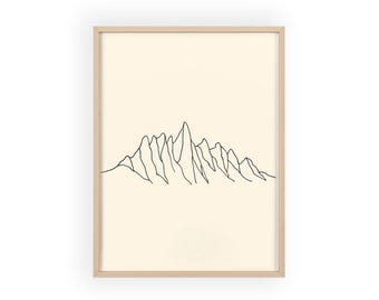 Trolltindene continuous line art Poster with wooden frame | Norwegian Mountain Series Japandi