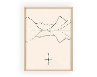 Japandi Hjørundfjord Noruega Wabi-Sabi Arte de Parede Minimalista Impressão Escandinava — Arte de Parede Nórdica Emoldurada | Pôster com Moldura de Madeira Natural