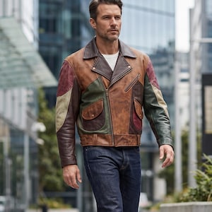 Men's Genuine Sheepskin Leather Brown Patchwork Motorcycle Jacket Biker Asymmetrical Zip Multicolor Retro Rocker Outerwear