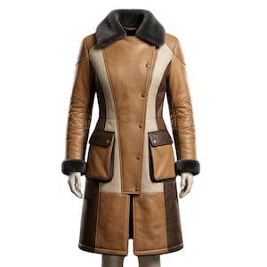 Brown Genuine Sheepskin Leather Coat Women's Colorblock Patchwork Midi Trench Faux Fur Collar Winter Overcoat Quilted Vintage Outerwear