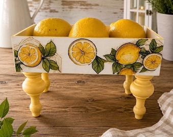 Bandeja rústica de madeira com tema de limão – Decoração artesanal para casa de campo
