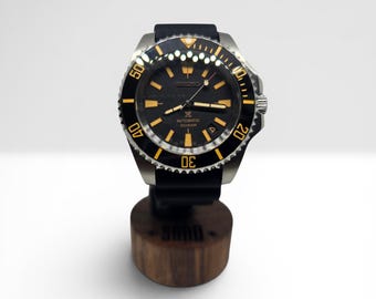 Black and Gold Automatic Dive Watch for Men, 44mm Steel Case, NH35, Sapphire Crystal, Full Lume, Handmade Mod Watch, Gift for Him