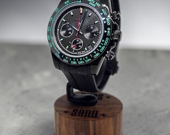 Black and Teal Chronograph Watch for Men, VK63 Mechaquartz, Sapphire Crystal, Rubber Strap, One of a Kind Handmade Watch, Gift for Him