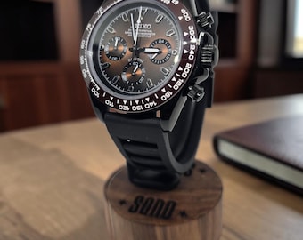 Brown Sunburst Chronograph Watch for Men, VK63 Mechaquartz, Black Case, Rubber Strap, Handmade Mod Watch, Gift for Him