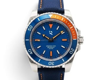 Blue and Orange Automatic Dive Watch, Chicago Football Gridiron Diver, NH35, Sapphire, 40mm Steel, Sailcloth Strap, Handmade Gift for Him