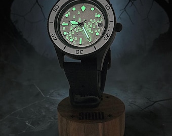 Glow in the Dark Ghost Dial Automatic Dive Watch, Matte Black 39mm, NH35, Sapphire Crystal, Handmade Watch, Halloween Gift