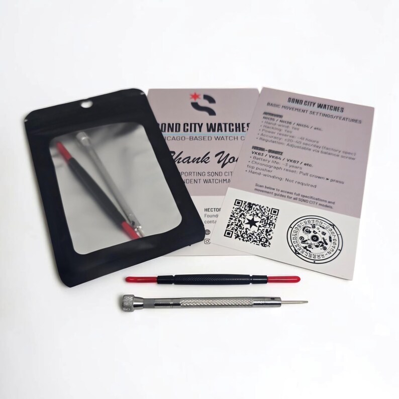May include: A black storage pouch with a clear window containing a metal tool, a black and red spring bar tool, and two informational cards from Sond City Watches. The cards feature text, a QR code, and a circular graphic of watch parts.