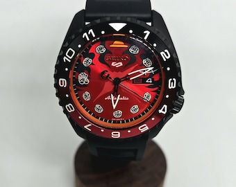 Matte Black Automatic Dive Watch, Red Anime Inspired Dial, NH36 Day Date, 42mm, Sapphire Crystal, Handmade Mod Watch, Gift for Him