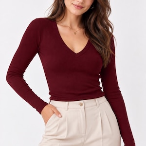 Women’s V Neck Long Sleeve Top, Fitted Cotton Stretch Top, Minimalist Basic Shirt, Casual Everyday Top, Women’s Clothing, 3 Colors
