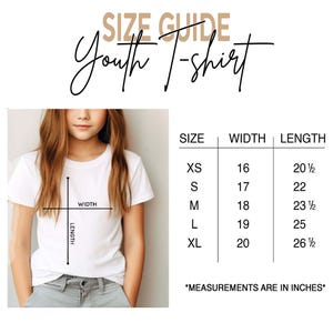 May include: A size guide for a youth t-shirt featuring a white t-shirt and a table with measurements in inches. The table lists sizes XS through XL with corresponding widths from 16 to 20 inches and lengths from 20.5 to 26.5 inches for each size.