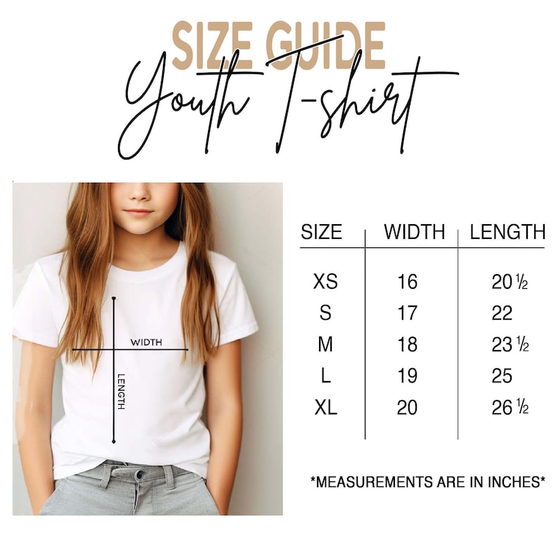 May include: A size guide for a youth t-shirt featuring a white t-shirt and a table with measurements in inches. The table lists sizes XS through XL with corresponding widths from 16 to 20 inches and lengths from 20.5 to 26.5 inches for each size.