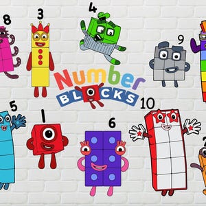 May include: A collection of Numberblocks characters labeled 1 through 10, featuring colorful block-shaped figures with faces, limbs, and numbers. The central logo displays the text Numberblocks in multi-colored letters with a red block character.