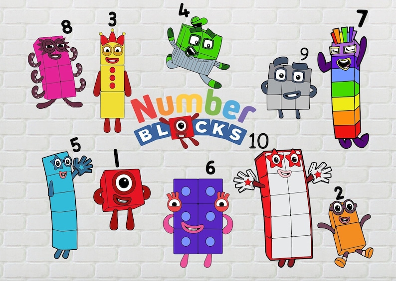 May include: A collection of Numberblocks characters labeled 1 through 10, featuring colorful block-shaped figures with faces, limbs, and numbers. The central logo displays the text Numberblocks in multi-colored letters with a red block character.